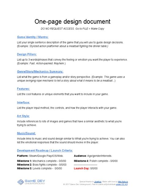 One page game design document template. .  We would like to show you a description here but...
