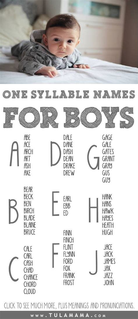 Apr 30, 2024 · No matter how far-reaching your interests, these names for your little man are ready to embody them! Give baby an insight into their first best friend with a one-syllable baby boy name. James. Myles. Jace. George. Rhett. Finn. Jax.. 