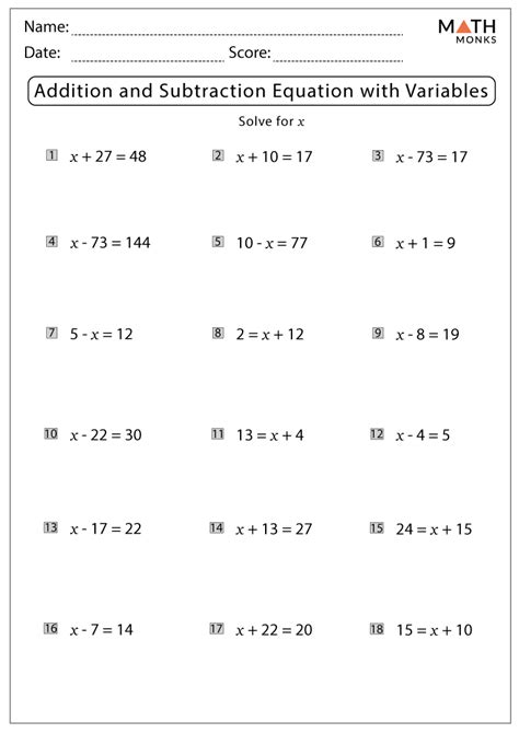OneStep Equations Addition and Subtraction Worksheets Math Monks