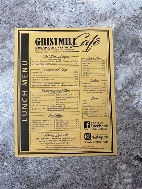 Online Menu of Gristmill Cafe Restaurant, Southwick, …