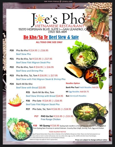 Online Menu of Joes Pho Restaurant, San Leandro, California, …