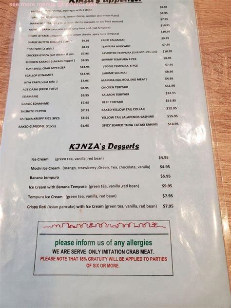 Online Menu of KinZa, Stevenson Ranch, CA