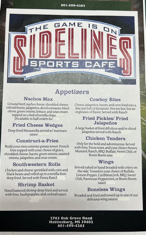 Online Menu of Sidelines Sports Cafe, Hattiesburg, MS