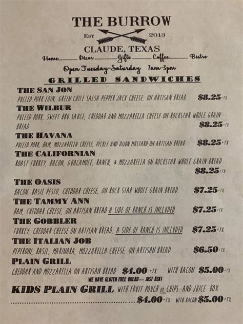 Online Menu of The Burrow, Claude, TX