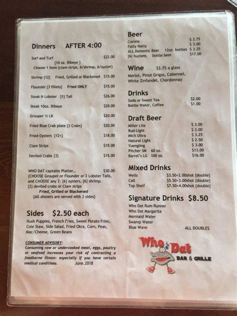 Online Menu of Who Dat Bar & Grille, Steinhatchee, FL