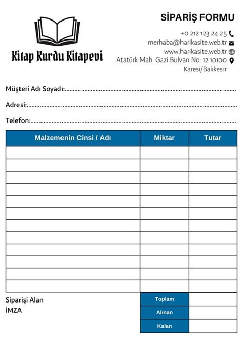 Online Sipariş Formu. 