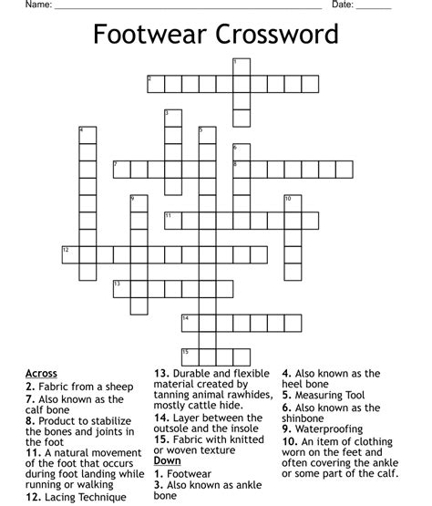 The crossword clue Some footwear fasteners with 7 letters was last seen on the February 01, 2023. We found 20 possible solutions for this clue. ... Online footwear retailer 2% 5 SKATE: Nashville Predator's footwear 2% 7 SANDALS: Some sneakers and also other footwear 2% 5 BOOTS: Stout …