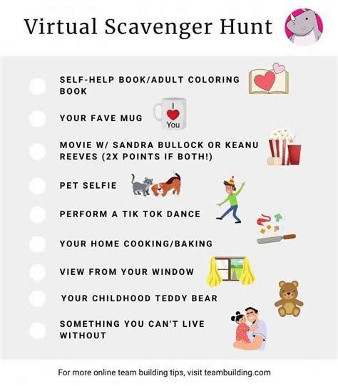 Online scavenger hunt. Typically, scavenger hunts take between 2 and 4 hours. Of course, the amount of time per task depends on the theme and difficulty of your clues, but overall, a scavenger hunt should be expected to take at least two hours from beginning to end. Having at least one or two people test challenges is always wise. 