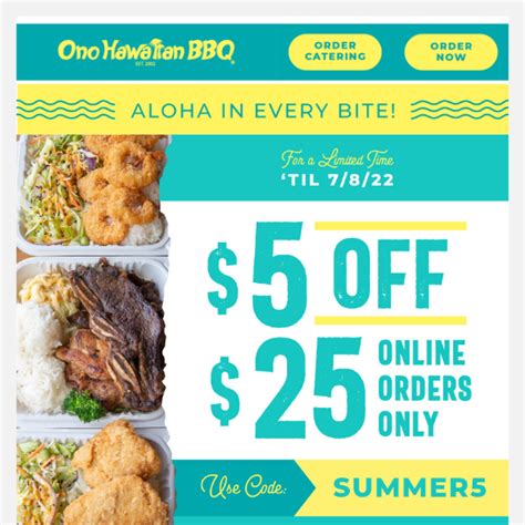 Ono hawaiian bbq coupon codes. May 19, 2022 · Get $10 Bonus Card w/ $40 Gift Card Purchase. Promotion: $10 Bonus Card w/ $40 Gift Card Purchase. Offer Expiration: 06/19/2022. BONUS CARD VALID FROM 06/19/22 – 08/31/22. Availability: Online. How to get it: First, head over to the promotion using the link below. Then, select $40 or more worth on a gift card and purchase it. 