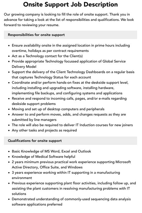 Onsite Support Job Description Velvet Jobs