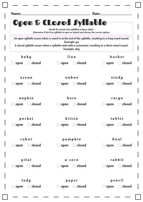 Open And Closed Syllables Worksheet