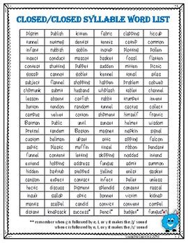 Open And Closed Word List For 3rd Grade