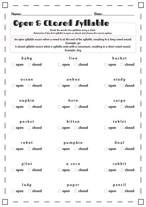 • Yesterday has three syllables (yes-ter-day). 2. For this activity, practice sorting words with open and closed syllable patterns. • An open syllable ends with a vowel sound that is spelled with a single vowel letter (a, e, i, o, or u). Examples include me, e/qual, pro/gram, mu/sic. • A closed syllable has a short vowel ending in a ... . 