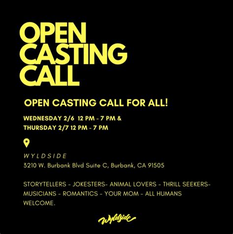 Open casting calls los angeles. Los Angeles Extras Casting Call for Bar Patrons. Job Details: We seek UNION Background Actors to play bar patrons in a SAG-approved feature Film set in the Long Beach area. Job Responsibilities: Act as a background actor, creating a realistic and immersive environment for the film’s scenes set in a bar. Follow the direction from the … 