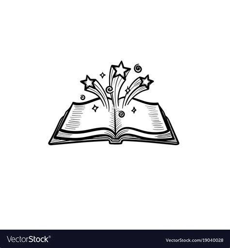 Open magic book with stars hand drawn sketch icon Vector Image