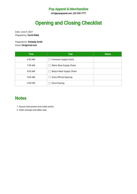 Opening and closing checklist Download Free Template