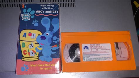 3. Blue's Clues: Blue's Birthday 1998 VHS (Paramount Home Video) 4. Blue's Clues: ABC's and 123's 1999 VHS (Paramount Home Video) 5. Blue's Clues: Rhythm and Blue 1999 VHS (Paramount Home Video) 6. Blue's Clues: Blue's Big Treasure Hunt 1999 VHS (Paramount Home Video) 7. Blue's Clues: Blue's Discoveries 1999 VHS (Paramount Home Video) 8. Blue's .... 