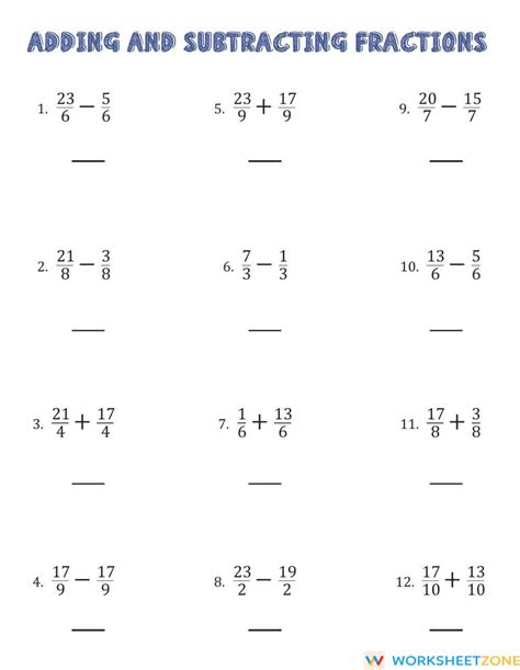 Operations with fractions Worksheet Zone