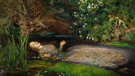 This is the drowning Ophelia from Shakespeare's play Hamlet. Picking flowers she slips and falls into a stream. Mad with grief after her father's murder by Hamlet, her lover, she allows herself to die..