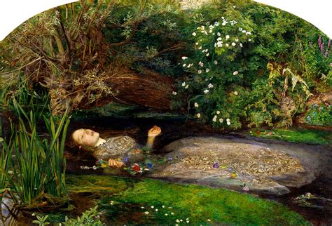 Ophelia everett millais. Ophelia. John Everett Millais Around 1851. Tate Britain. London, Regno Unito. This is the drowning Ophelia from Shakespeare's play Hamlet. Picking flowers she slips and falls into a stream. Mad with grief after her father's murder by Hamlet, her lover, she allows herself to die. The flowers she holds are symbolic: the poppy means death, daisies ... 