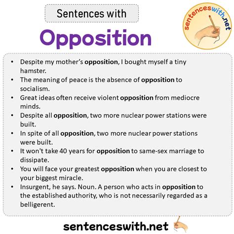 Opposition example. The meaning of IN OPPOSITION TO is in a way that is against someone or something. How to use in opposition to in a sentence. ... Recent Examples on the Web Russia and … 