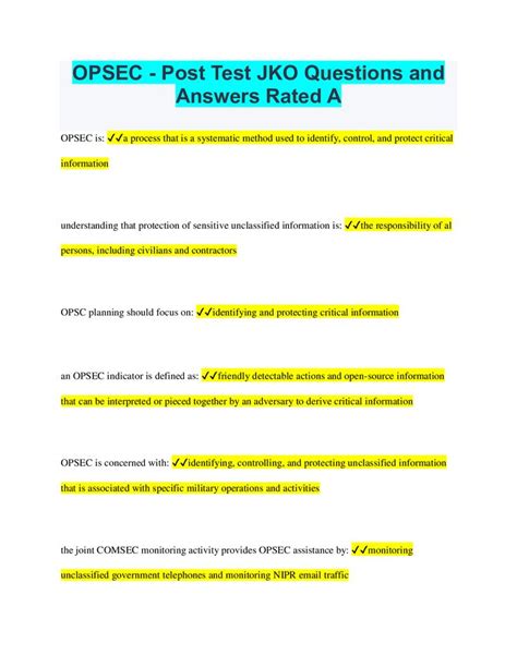 Opsec jko post test answers. the purpose of the No FEAR Act is to ensure that Federal agencies: all of the answers are correct. Study with Quizlet and memorize flashcards containing terms like complaints filed with the office of special counsil may be filed online or submitted by mail., what is the reprisal according to the civil service reform act?, appeals must be filed ... 
