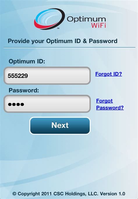 Please sign in to Optimum WiFi. My Optimum ID. I forgot my Optimum ID. Password. I forgot my password. I have read and agree to the Optimum WiFi Terms of Use. Manual …. 