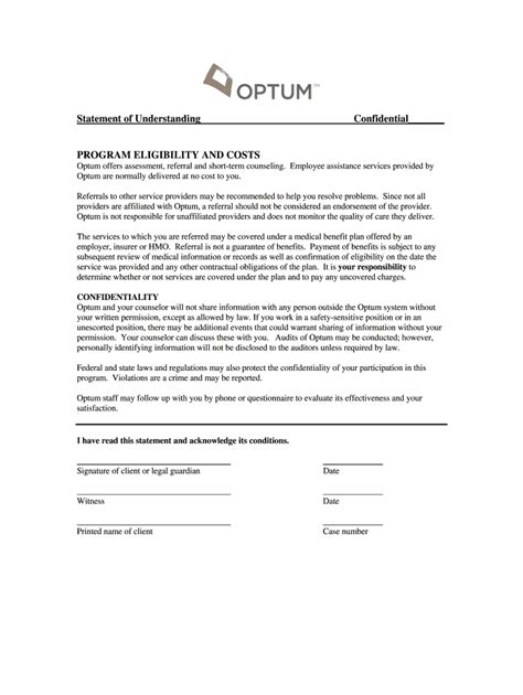 Optum Statement of Understanding Fill and Sign Printable Template
