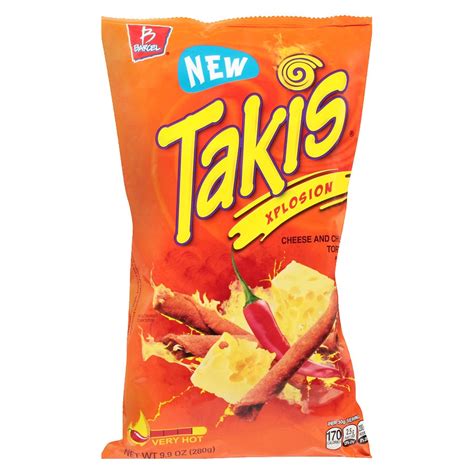 $1.00 Everyday Low Price Xplosion, 3.2 Oz. By Takis Product Overview Description Open a bag of Takis for a hot and crunchy snack. Xplosion gives you a cheese and chili flavor in delicious rolled tortilla chips. Product Details Return Policy Delivery Info Good to Know General Disclaimer:. 