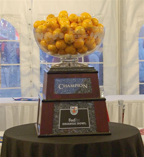 Orange bowl 2008. The trophy for the 2008 Orange Bowl, on display at the Orange Bowl Fanfest prior to the game. Date: 3 January 2007: Source: Own work: Author: Self: Permission (Reusing this file) Public Domain: Licensing. Public domain Public domain false false: I, the copyright holder of this work, release this work into the public domain. This applies worldwide. 