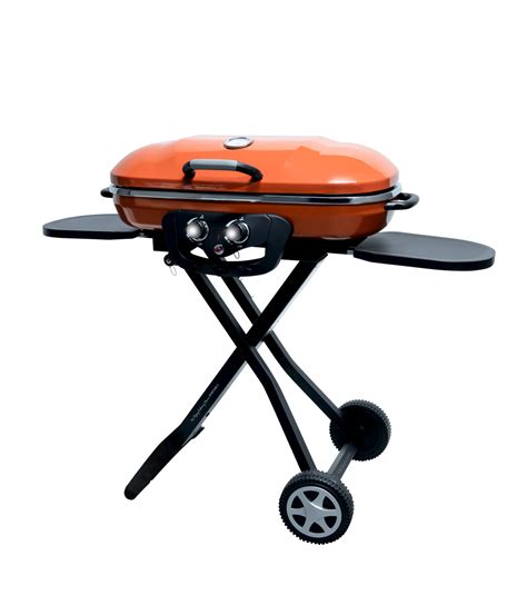 Orange grill. The Coleman RoadTrip 285 Portable Stand-Up Propane Grill features sturdy quick-fold legs and 2 wheels for hassle-free setup, takedown and transport so that taking your grill on a camping trip or to a tailgate is easy. Push the Instastart ignition button for matchless lighting, then select your heat with the enhanced temperature control of 3 independently … 