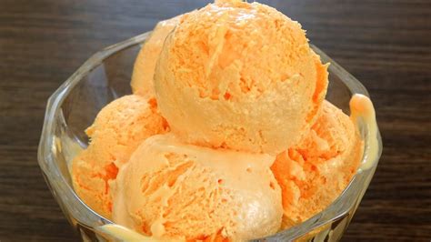 Orange ice cream. Once made, transfer the ice cream to a chilled container and store in the freezer. If the ice cream becomes too hard, place in the refrigerator for about 30 minutes before serving so it can soften. Makes about 3 cups (720 ml). Preparation time 30 minutes. View comments on this recipe on YouTube. 
