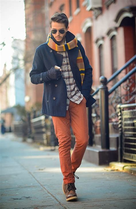 Orange pants men. Blazers And Jackets. If you wanna create a casual outfit, just take an olive green jacket and combine it with a printed shirt, crop orange pants, white sneakers and mirrored sunglasses. You can also mix a pastel color shirt, a navy blue vest, a checked blazer, orange straight pants, gray suede boots and a beige felt hat. 