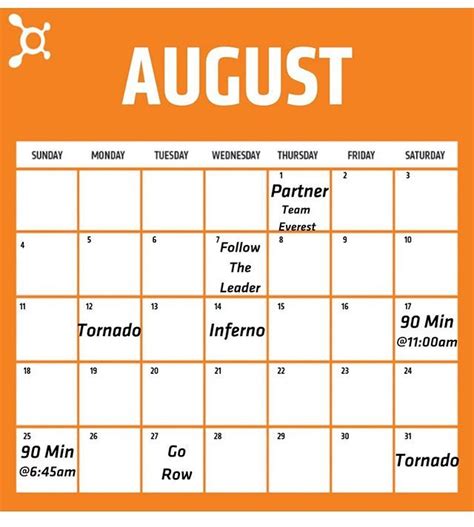 Orangetheory August 2022 Calendar