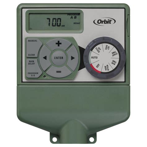 Orbit 4 station timer. The Orbit 4-Station Indoor/Outdoor Electric Timer offers 3 programs to help you set a flexible watering schedule for your lawn. The 120-Volt timer includes an LCD screen, a manual dial and an Easy-Set Logic system that help make it easy to use. Timer is green in color and easy to read and understand set up directions. 