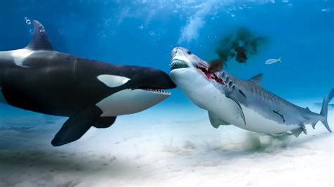 Orca vs great white shark. They use their teeth to grip and tear their prey. Orcas have fewer teeth than great white sharks, but their teeth are much larger and can grow up to 10 centimeters (4 inches) in length. Orcas have a bite force of around 19,000 newtons (4,200 pounds), which is more than twice that of a great white shark. 