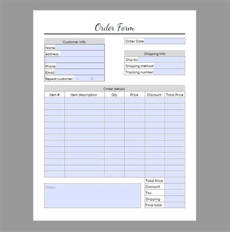 Order Form Printable Editable PDF Instant Download Customer Etsy