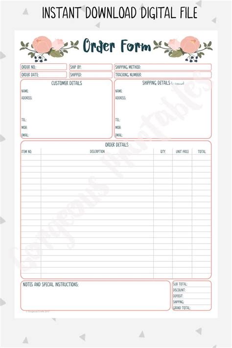 Order Form Printable For Handmade Business Client Order Form Etsy