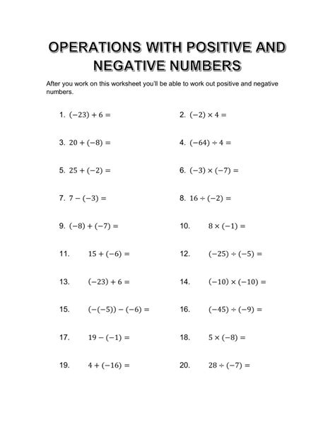 Order Of Operations With Positive And Negative Numbers Worksheets