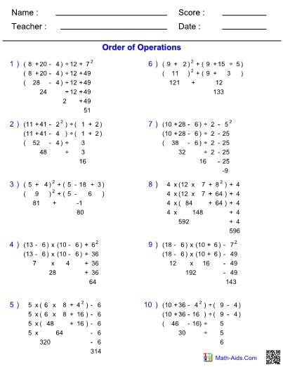 Order of Operations Worksheets Order of Operations Worksheets for