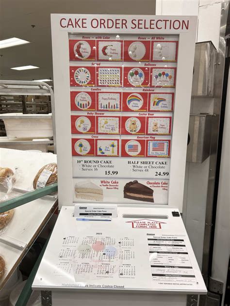 Jan 18, 2023 · Orders for cakes must be placed at least 24 hours in advance. You can choose between a half sheet cake (for 16 people) and a 10-round cake for $12.99 USD (serving 16 people). Some stores allow you to place an order by fax. In the Costco Cake Order Kiosk, you’ll find designs and forms for cake orders. Cakes ordered through Costco must be ... 