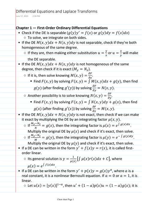 Ordinary Differential Equations Cheat Sheet