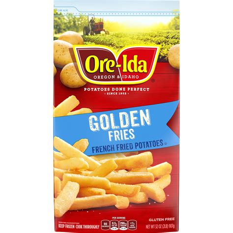 Ore ida fries. Gluten free. Easy fries. Ready in 4 + let stand for 1. Oregon & Idaho. Potatoes done perfect. Since 1952. Cook thoroughly. During any mealtime, Ore-Ida potatoes are the right side to have on your side. With our perfect Ore-Ida easy fries, you get the crispy outer texture and fluffy inside you need to turn any meal or snack into a success. 