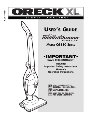 Oreck Qs110 Cordfree Electrikbroom User Guide