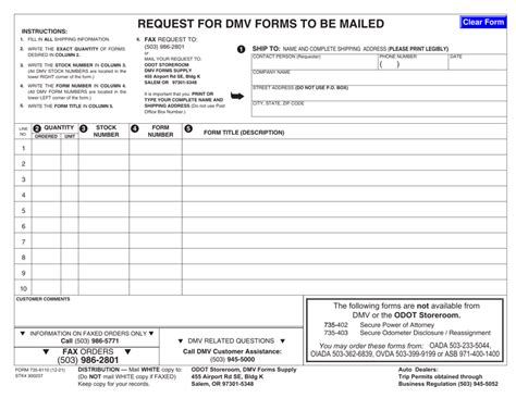 Oregon DMV Form 7356110. Request for DMV Forms to be Mailed Forms