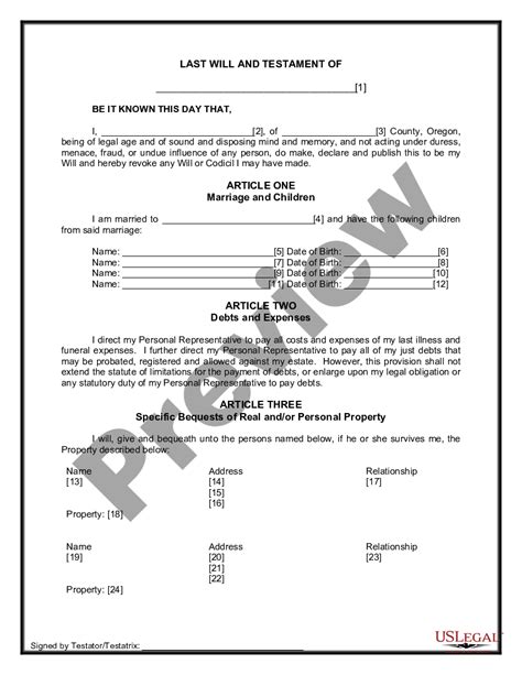 Oregon Legal Last Will and Testament Form for Married Person with Adult