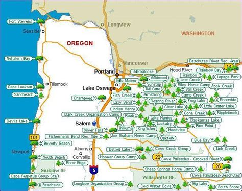 Oregon campgrounds map. Approximately nine miles east of Oakridge, directly along Oregon State Highway 58. From Oakridge, Oregon: From the intersection of Crestview Street and State Highway 58 (at the only traffic light on Highway 58 in Oakridge) proceed east on Oregon State Highway 58 for 9.2 miles. The destination will be on your right. General Notes: Campground Map 