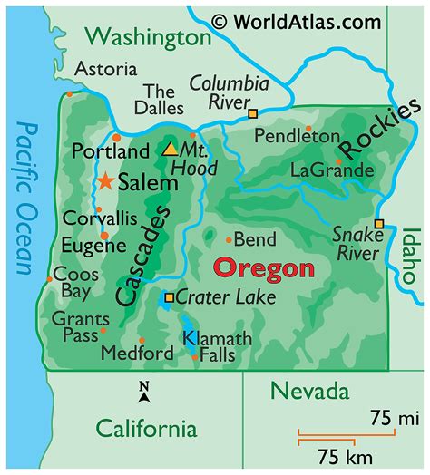 Oregon on a map. The maps on this page show the State of Oregon. The first map depicts the state's shape, its name, and its nickname in an abstract illustration. The detailed cutout map shows natural and man-made features in the State of Oregon. Natural features shown on this map include rivers and bodies of water as well as terrain characteristics; man-made ... 