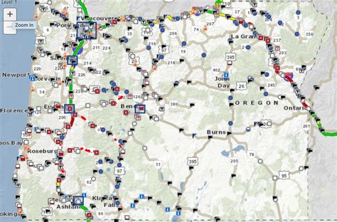The map provides traffic flow, travel alerts, cameras, weather conditions, mountain pass reports, rest areas and commercial vehicle restrictions.. 