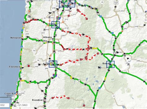 How to use the Oregon City Traffic Map. Traffic flow lines: Red lines = Heavy traffic flow, Yellow/Orange lines = Medium flow and Green = normal traffic or no traffic*. Black lines or No traffic flow lines could indicate a closed road, but in most cases it means that either there is not enough vehicle flow to register or traffic isn't monitored .... Oregon road closures map